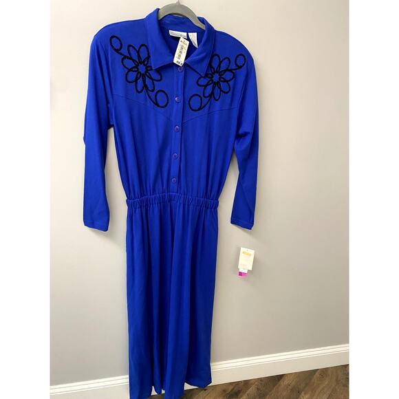 NWT Vintage Liz Claiborne Embroidered Blue Long Sleeve Maxi Dress L - Picture 7 of 8